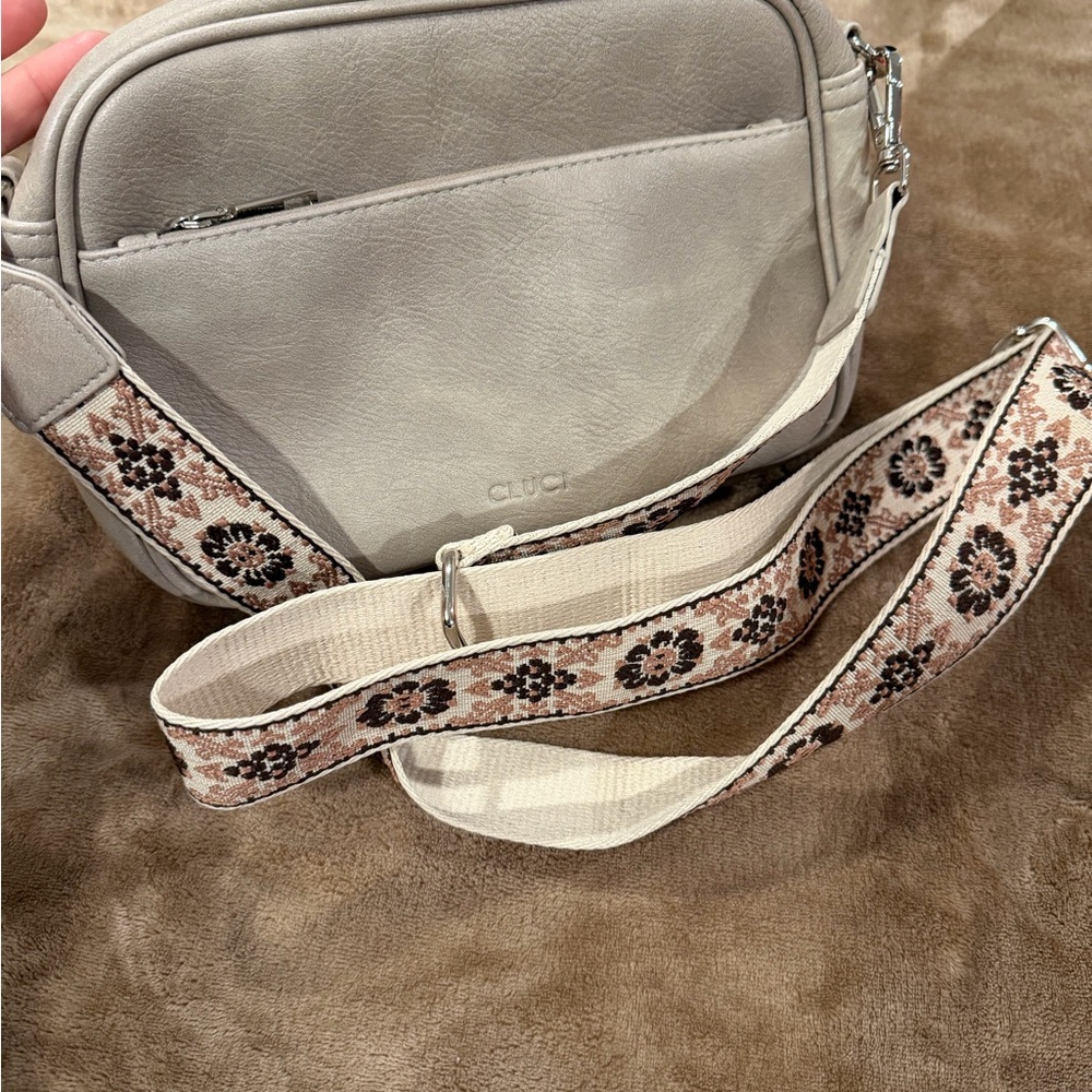 Compact Cream Crossbody Bag with Floral Jacquard Strap